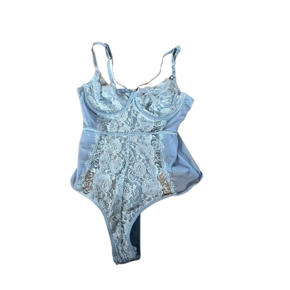 Revamped baby blue‎ sheer lace bodysuit